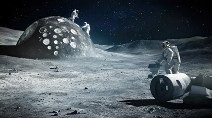 Wall Mural - astronauts exploring a cratered moon landscape
