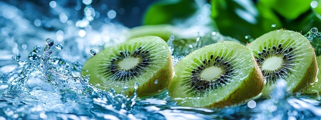 A few kiwi fruits, green leaves, and water splashing together, with the background blurred