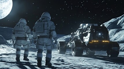 Wall Mural - two astronauts standing on a lunar surface with a futuristic vehicle