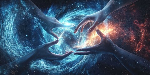 Three hands reaching into a swirling cosmic energy.