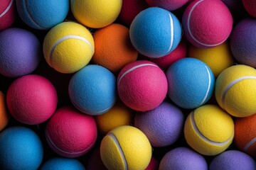 Poster - Bunch of tennis balls in various colors. Some are yellow, some are blue, and some are red. A pile of tennis balls, arranged in an wavy pattern, showcasing the vibrant assorted brigh colors