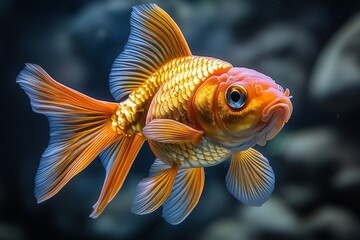 Gold fish is swimming in a tank. The fish is orange and has a blue tail. It is swimming near the bottom of the tank. A single goldfish swimming in an aquarium.