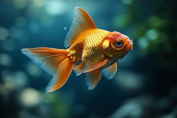 Sticker - Gold fish is swimming in a tank. The fish is orange and has a blue tail. It is swimming near the bottom of the tank. A single goldfish swimming in an aquarium.