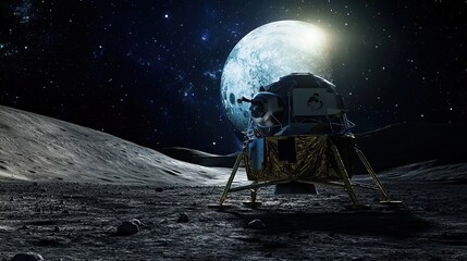 Wall Mural - lunar module landing on the moon with a large crater in the background