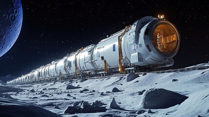 Wall Mural - futuristic train traveling on a lunar surface with a moon in the background