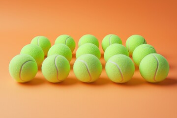 Row of tennis balls are lined up on a yellow surface. There are 14 balls in total. a uniform grid of neon green tennis balls on a clay coloured background