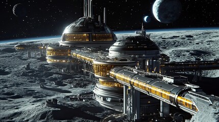 Wall Mural - futuristic space station orbiting a cratered moon