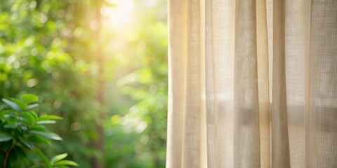 Sheer Curtain with Blurred Green Background, Sunlight, Texture, Curtains, Window, Nature, Bokeh