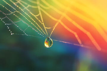 A closeup macro photo of a spider web adorned with glistening dew drops, showcasing the intricate beauty of nature's trap