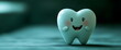 © Vasiliy - Cheerful tooth character with rosy cheeks on dark green background for dental care and oral hygiene concept in children's dentistry. Banner with copy space