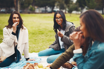 Canvas Print - Friends, food and outdoor picnic at park, nutrition and together for bonding in countryside. People, grass and support on trip to Rio de Janeiro, healthy meal and travel group on weekend holiday