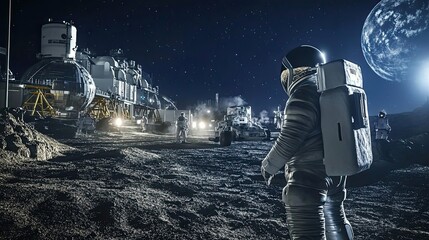 Wall Mural - astronaut standing on lunar surface with space station in background