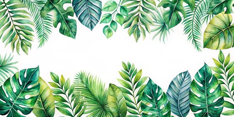 Watercolor Tropical Leaf Border, Green Foliage Frame, Botanical Illustration, Tropical Leaves, Palm Leaves, Monstera, Jungle