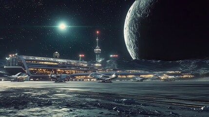 Wall Mural - futuristic lunar city with spaceships on landing strip
