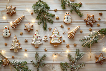 Top view border from gingerbreads, spruce and lights on the wooden background. New year backdrop with copyspace