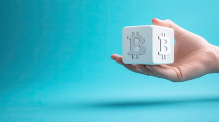 Poster - A white cube with bitcoin symbols on all sides held by a hand, floating in front of a minimalist blue background, symbolizing financial technology.