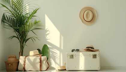 Suitcase packed for trip and summer accessories near white wall indoors