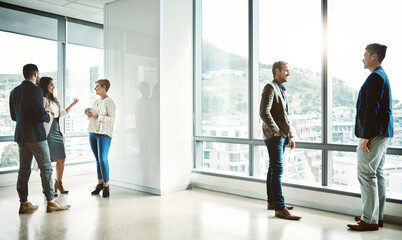 Aufkleber - meeting, window and business people in office talking for planning, discussion and conversation. cor