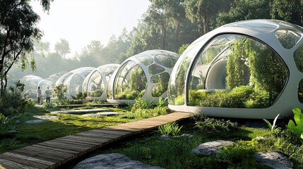 Futuristic Biodome Structures in a Verdant Forest