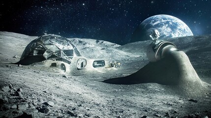 Wall Mural - lunar base with earth in the distance
