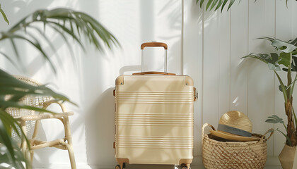 Wall Mural - Suitcase packed for trip and summer accessories near white wall indoors