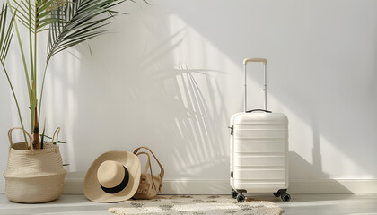 Wall Mural - Suitcase packed for trip and summer accessories near white wall indoors