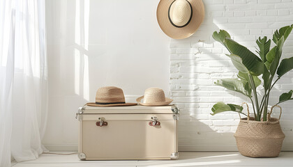 Wall Mural - Suitcase packed for trip and summer accessories near white wall indoors