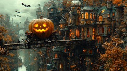 Enormous Jack-O'-Lantern Carriage Floating Above a Halloween City