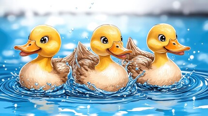 Three cheerful cartoon ducks swimming playfully in a sparkling blue pool, capturing the essence of fun and joy in nature.