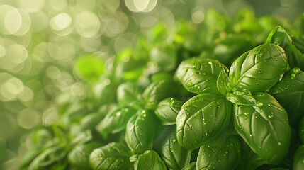 A medium close-up of freshly picked basil leaves, their vibrant green color and crisp texture illuminated by soft sunlight, perfect for a fresh herb screensaver.