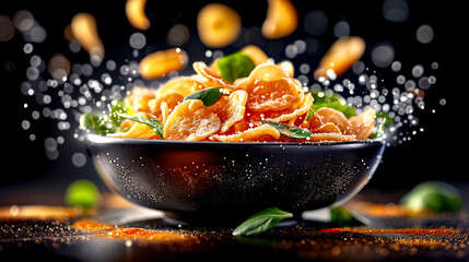 Wall Mural - A bowl of food with a lot of seasoning and a lot of food in it. The bowl is black and the food is orange