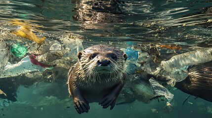 Poster - An otter swimming in polluted water, surrounded by plastic debris.