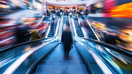 Wall Mural - People customer transport on escalator at urban shopping mall, Department store business, financial economy,city life, tourist traveler lifestyle,Motion blur,copy space.