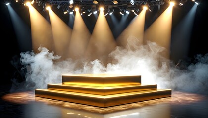 Illuminated golden exhibition stand enveloped in smoke with striking spotlights casting dramatic light