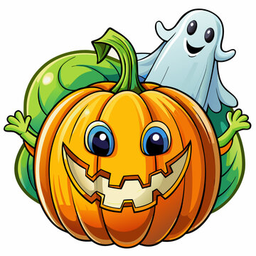 Halloween Themed Vector Design of Cute Anime Ghost with Pumpkin, Cute cartoon Halloween ghost with pumpkins , Spooky Halloween Logo Design and Wallpaper with Pumpkin on Black Background