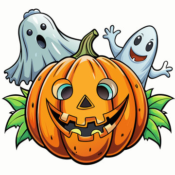 Halloween Themed Vector Design of Cute Anime Ghost with Pumpkin, Cute cartoon Halloween ghost with pumpkins , Spooky Halloween Logo Design and Wallpaper with Pumpkin on Black Background
