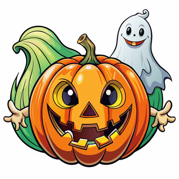 Halloween Themed Vector Design of Cute Anime Ghost with Pumpkin, Cute cartoon Halloween ghost with pumpkins , Spooky Halloween Logo Design and Wallpaper with Pumpkin on Black Background