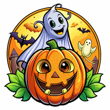 Halloween Themed Vector Design of Cute Anime Ghost with Pumpkin, Cute cartoon Halloween ghost with pumpkins , Spooky Halloween Logo Design and Wallpaper with Pumpkin on Black Background