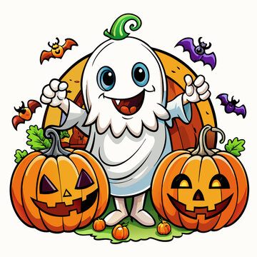 Halloween Themed Vector Design of Cute Anime Ghost with Pumpkin, Cute cartoon Halloween ghost with pumpkins , Spooky Halloween Logo Design and Wallpaper with Pumpkin on Black Background