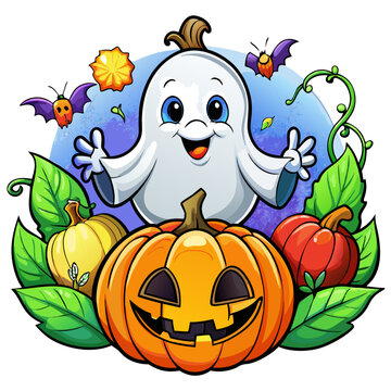 Halloween Themed Vector Design of Cute Anime Ghost with Pumpkin, Cute cartoon Halloween ghost with pumpkins , Spooky Halloween Logo Design and Wallpaper with Pumpkin on Black Background