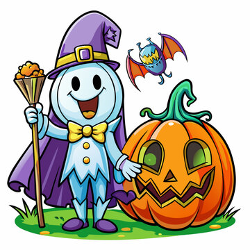 Halloween Themed Vector Design of Cute Anime Ghost with Pumpkin, Cute cartoon Halloween ghost with pumpkins , Spooky Halloween Logo Design and Wallpaper with Pumpkin on Black Background