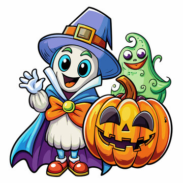 Halloween Themed Vector Design of Cute Anime Ghost with Pumpkin, Cute cartoon Halloween ghost with pumpkins , Spooky Halloween Logo Design and Wallpaper with Pumpkin on Black Background