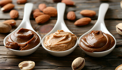 Tasty nut butters in spoons and raw nuts on brown table, closeup