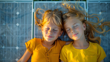 Top view of two young siblings lying on roof with solar panels. Rooftop solar or photovoltaic system. Sustainable future for next generation