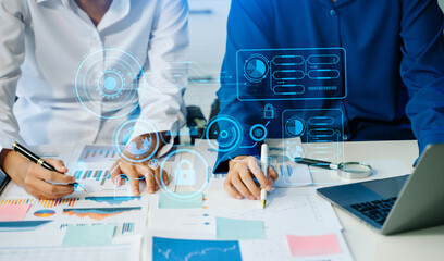 Wall Mural - cyber security data protection business working on compute intelligenc digital tablet global network