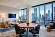© Michael - Modern Office Interior Featuring Discussion Table and Lounge Area with Urban Skyline Views