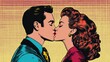 © Nicat - Kiss love movie romance heroes lovers man and woman pop art comics retro style Halftone. Imitation of old illustrations. Actors during love scenes.