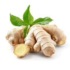 Sticker - Fresh ginger with green leaves isolated on white background, Ginger root on white background With clipping path. 