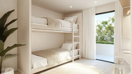 Wall Mural - Clean and minimalist bedroom with bunk beds, emphasizing simplicity and functionality. Neutral tones and minimalist