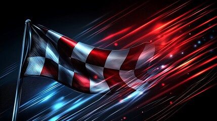 Poster - Checkered flag waving with red and blue lights.